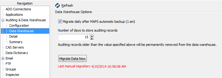Data warehouse in the Config tool, showing daily migration at 1am, and storing 15 days' worth of auditing records.